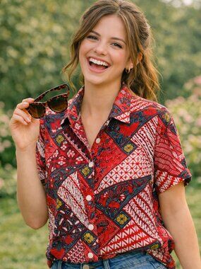 Vintage button up short sleeve blouse geometric print 1980's
